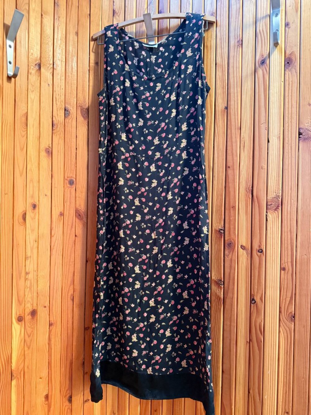Vintage Autumn Moon Black Floral Maxi Dress w/ Silk Trim Hem
